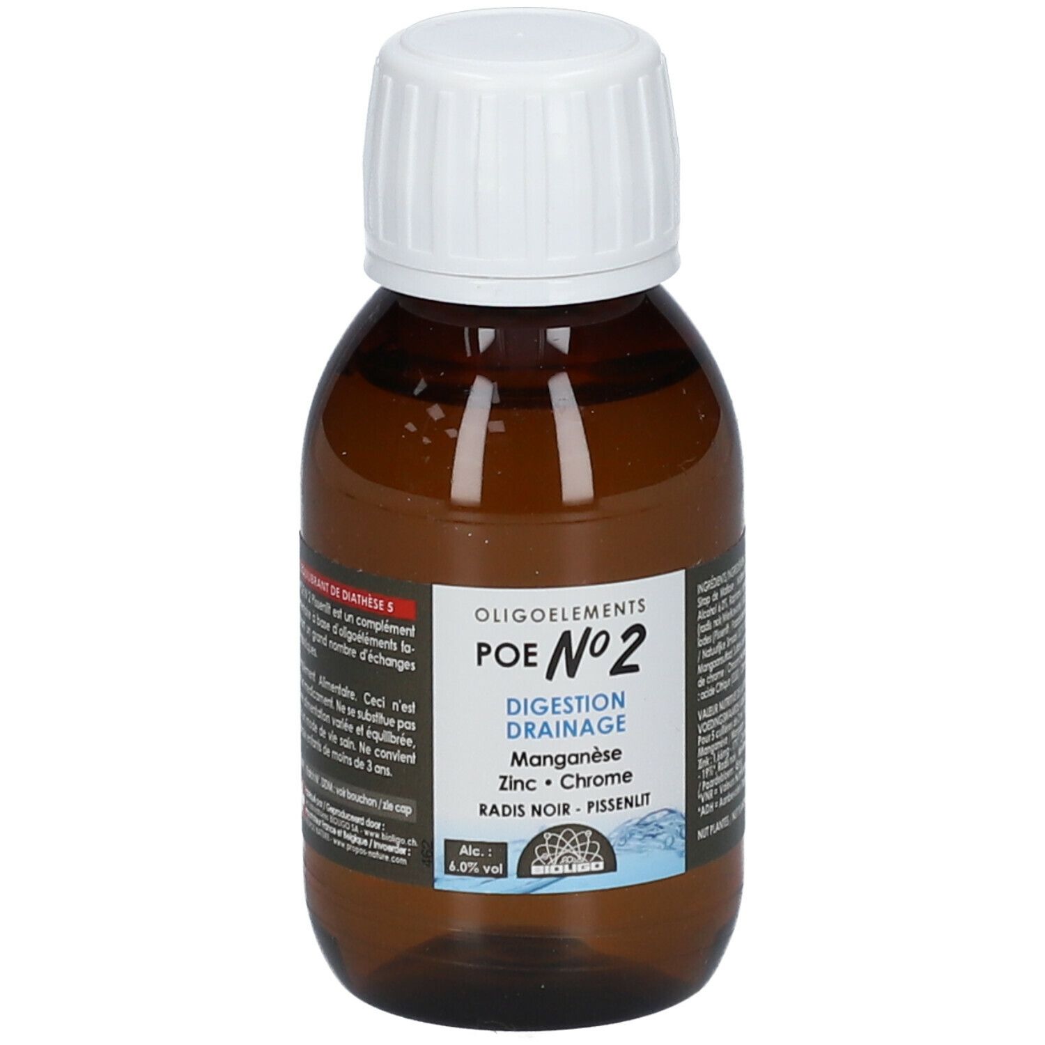Bruine glazen fles met witte dop. Opschrift: Oligoelements POE N°2 Digestion Drainage. Bevat mangaan, zink, chroom, radis noir, pissenlit.