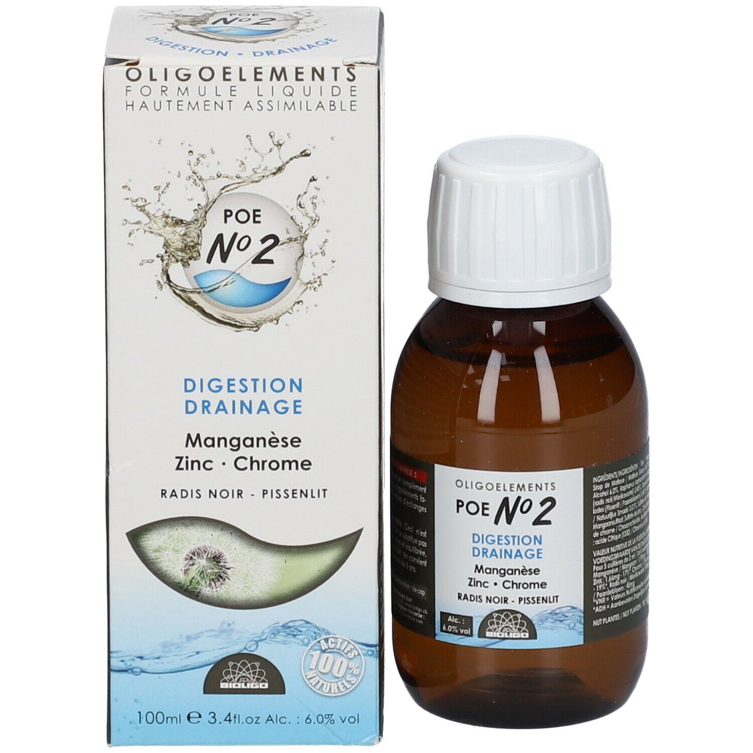 Bruine glazen fles en verpakking. Opschrift: Oligoelements POE N°2 Digestion Drainage. Bevat mangaan, zink, chroom, radis noir, pissenlit.
