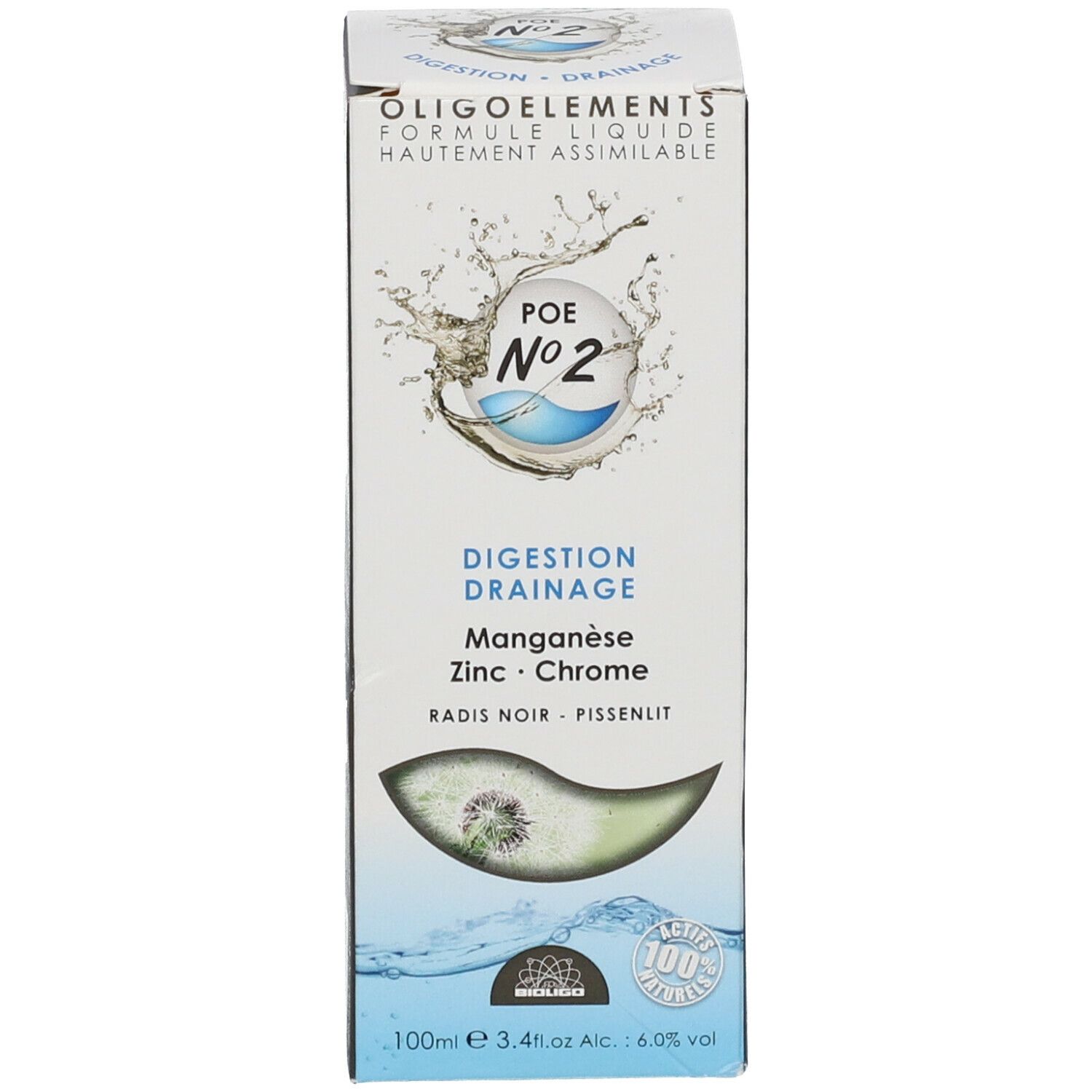 Verpakking. Opschrift: Oligoelements POE N°2 Digestion Drainage. Bevat mangaan, zink, chroom, radis noir, pissenlit.