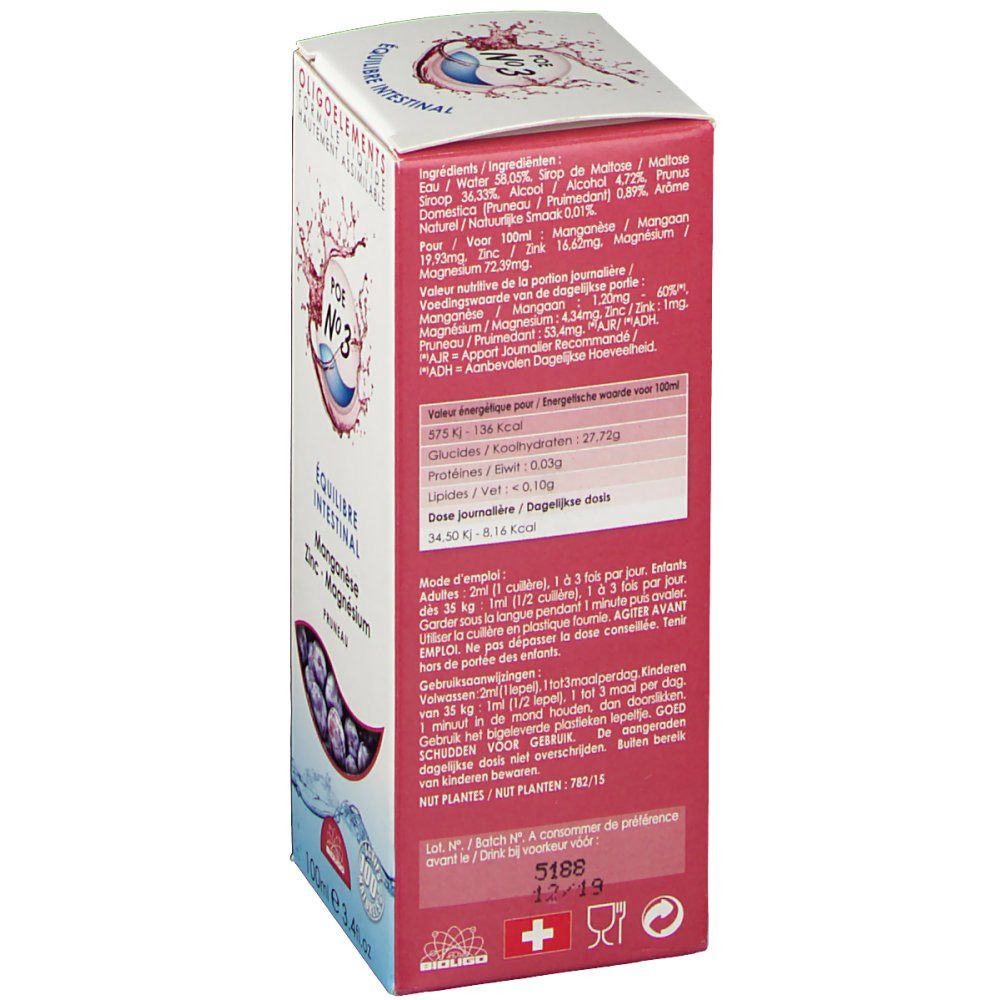 Dos de la boîte en carton avec ingrédients, informations nutritionnelles et mode d'emploi. Drapeau suisse et logo.
