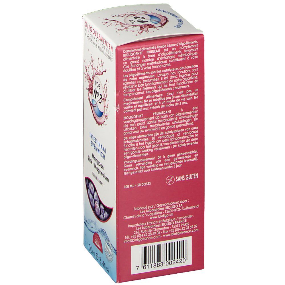 Boîte en carton avec informations produit. Inscription: Oligoéléments, Formule liquide, Équilibre intestinal, Manganèse, Zinc, Magnésium, Pruneau.