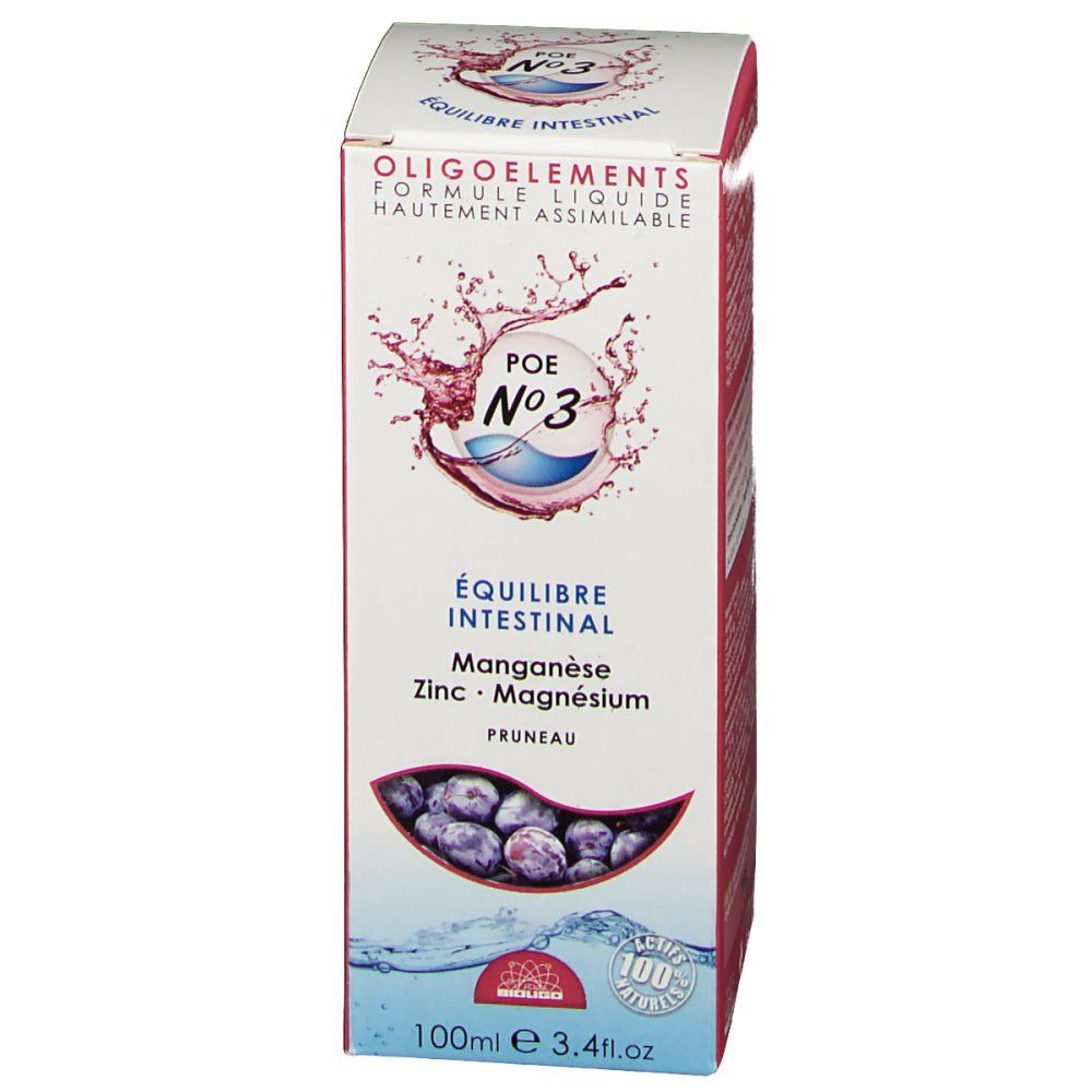 Boîte en carton avec informations produit. Inscription: Oligoéléments, Formule liquide, Équilibre intestinal, Manganèse, Zinc, Magnésium, Pruneau.