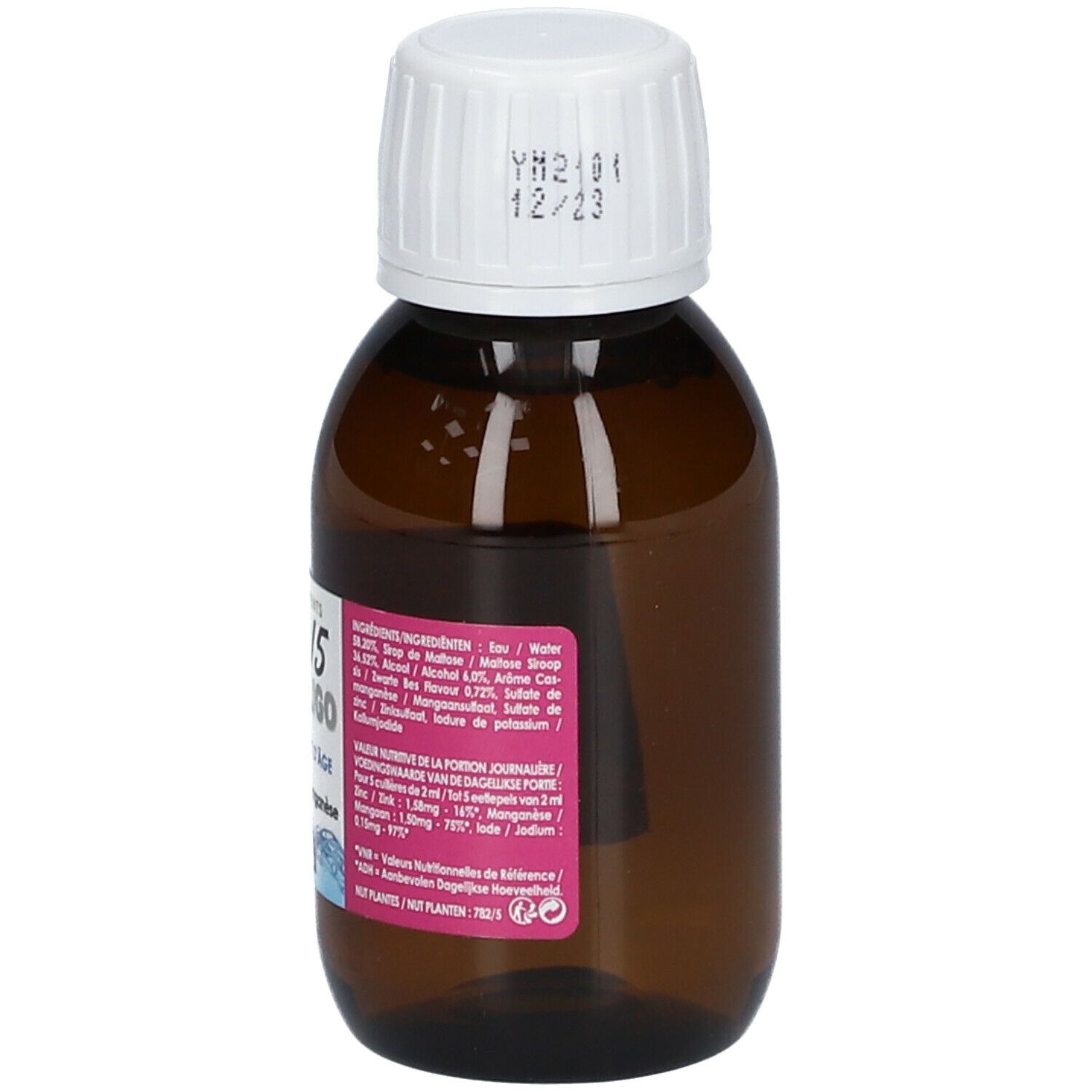 Flacon en verre brun avec bouchon blanc. Sur le bouchon: date. Étiquette avec informations produit.