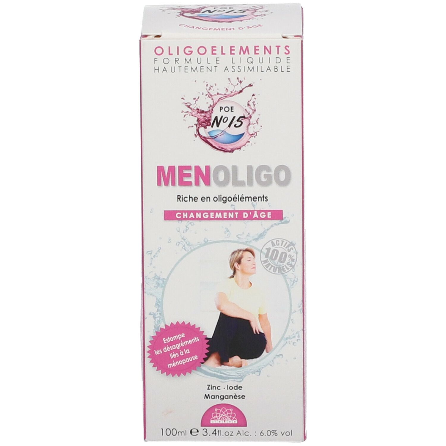 Emballage du produit. Blanc avec accents roses. Inscription: MENOLIGO, Changement d'âge. Image d'une femme. 100ml.