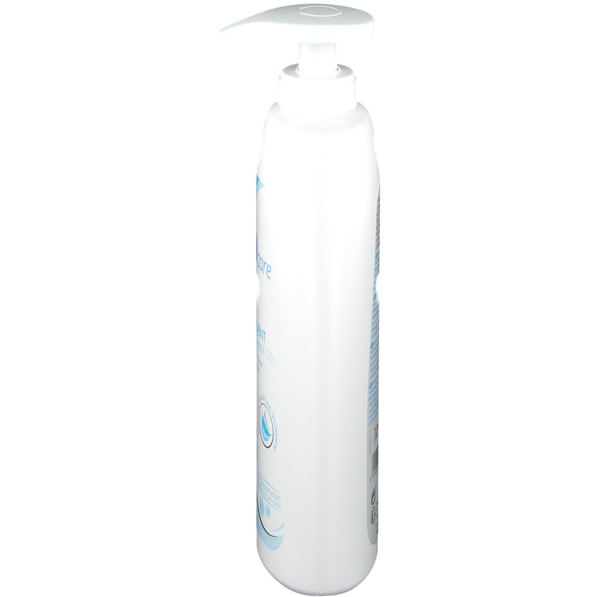 Weiße Flasche mit Spender, Seitenansicht. Blaues Etikett mit Text. Produktname nicht lesbar.