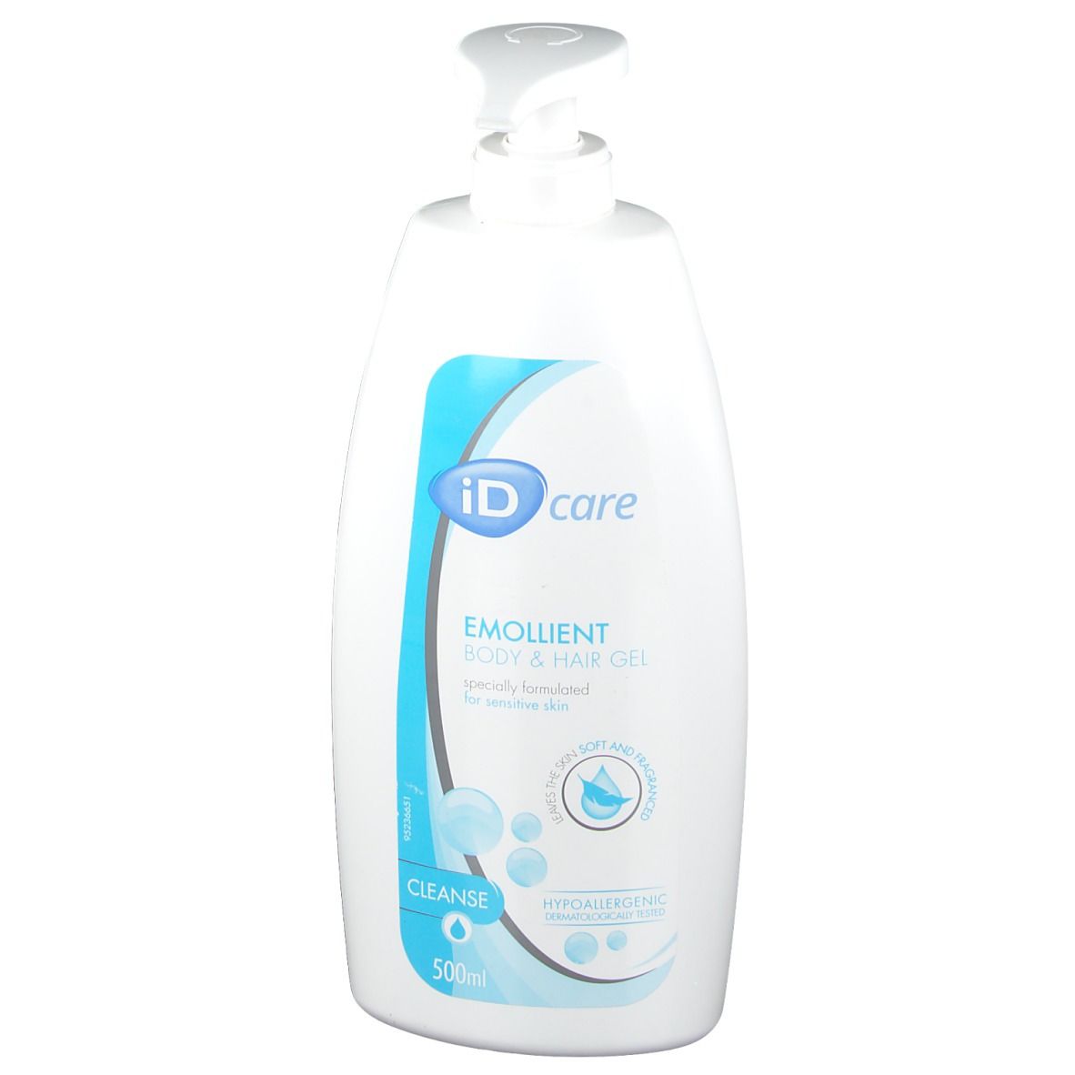 Weiße Flasche mit blauem Etikett. Aufschrift: iD care, Emollient Body & Hair Gel. Mit Spender.