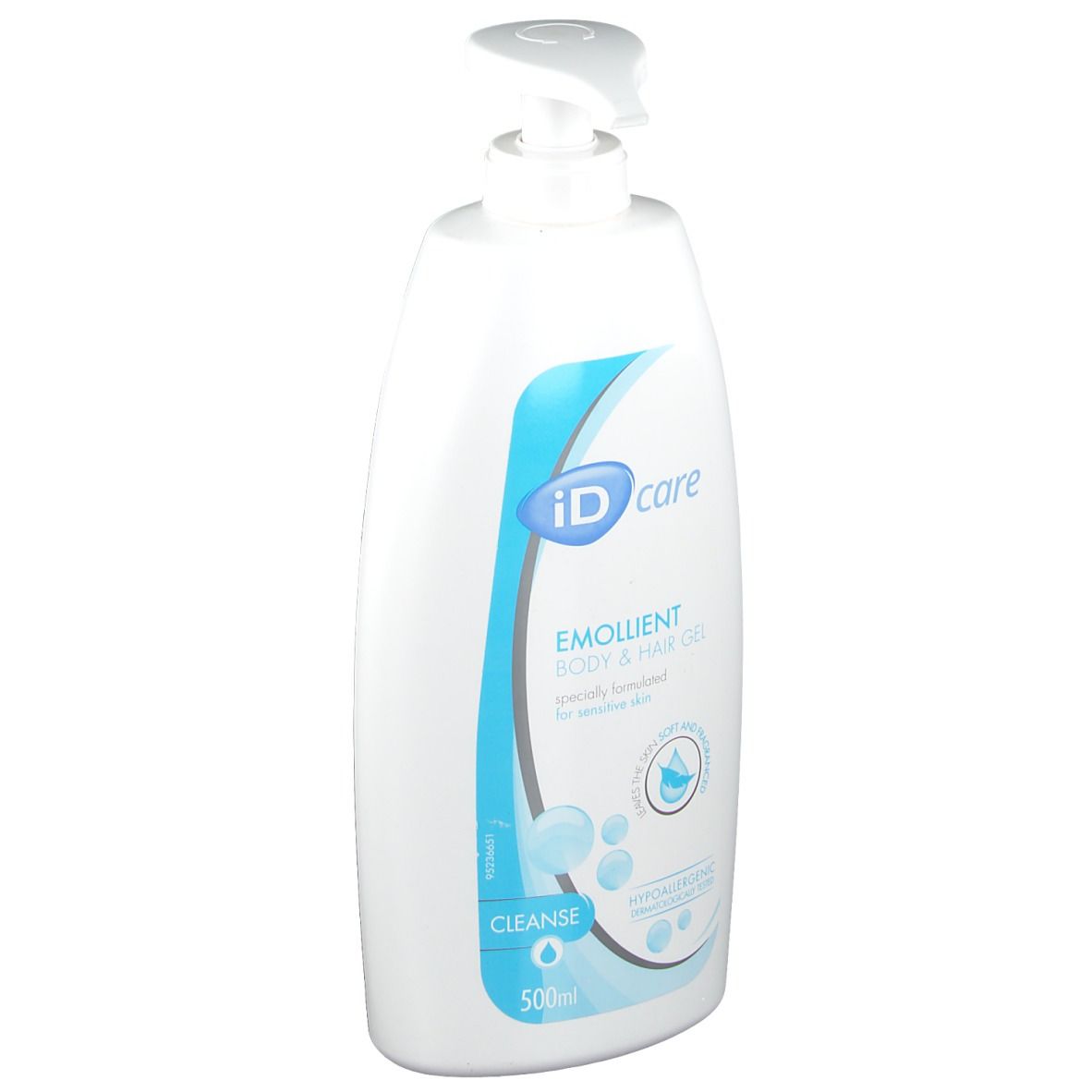 Weiße Flasche mit blauem Etikett. Aufschrift: iD care, Emollient Body & Hair Gel. Mit Spender.