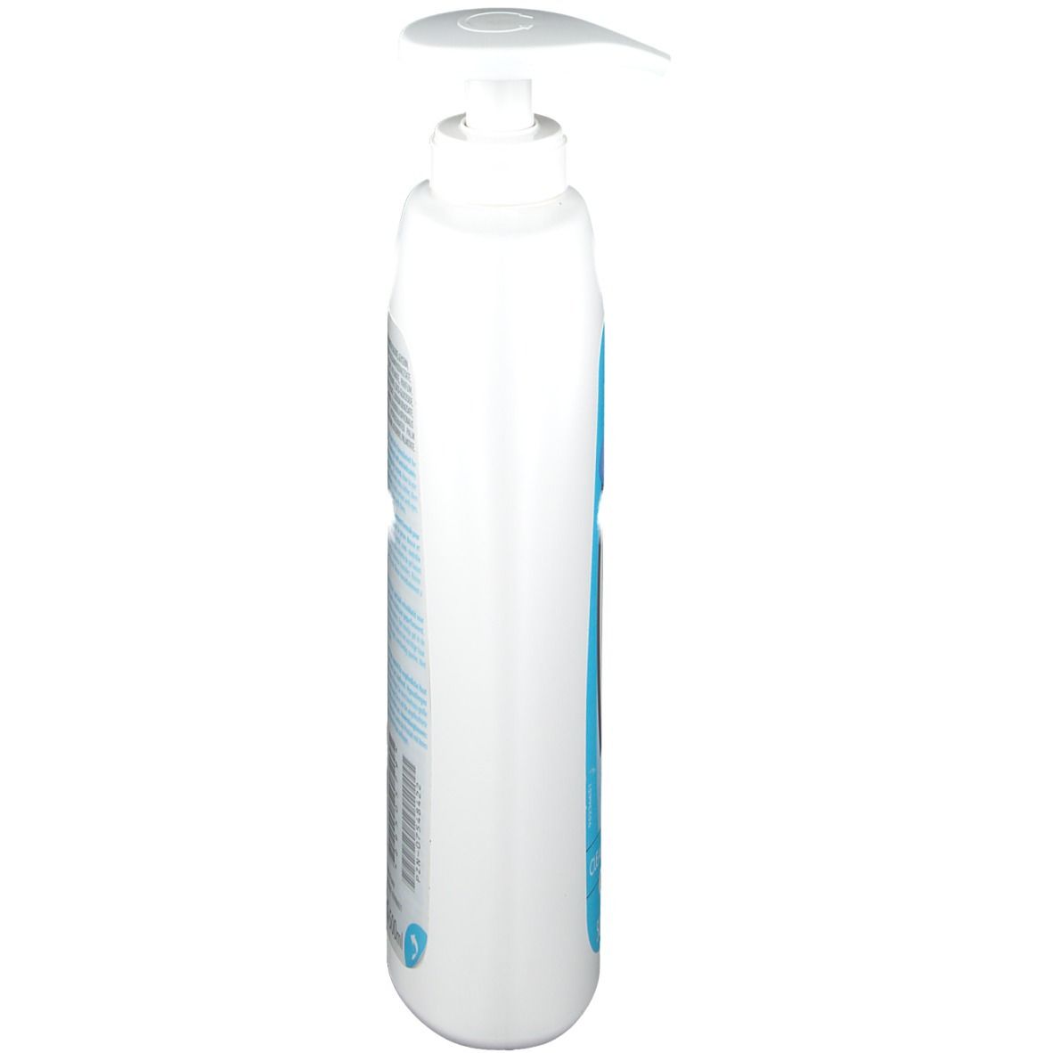Weiße Flasche mit Spender, Seitenansicht. Blaues Etikett mit Text. Produktname nicht lesbar.