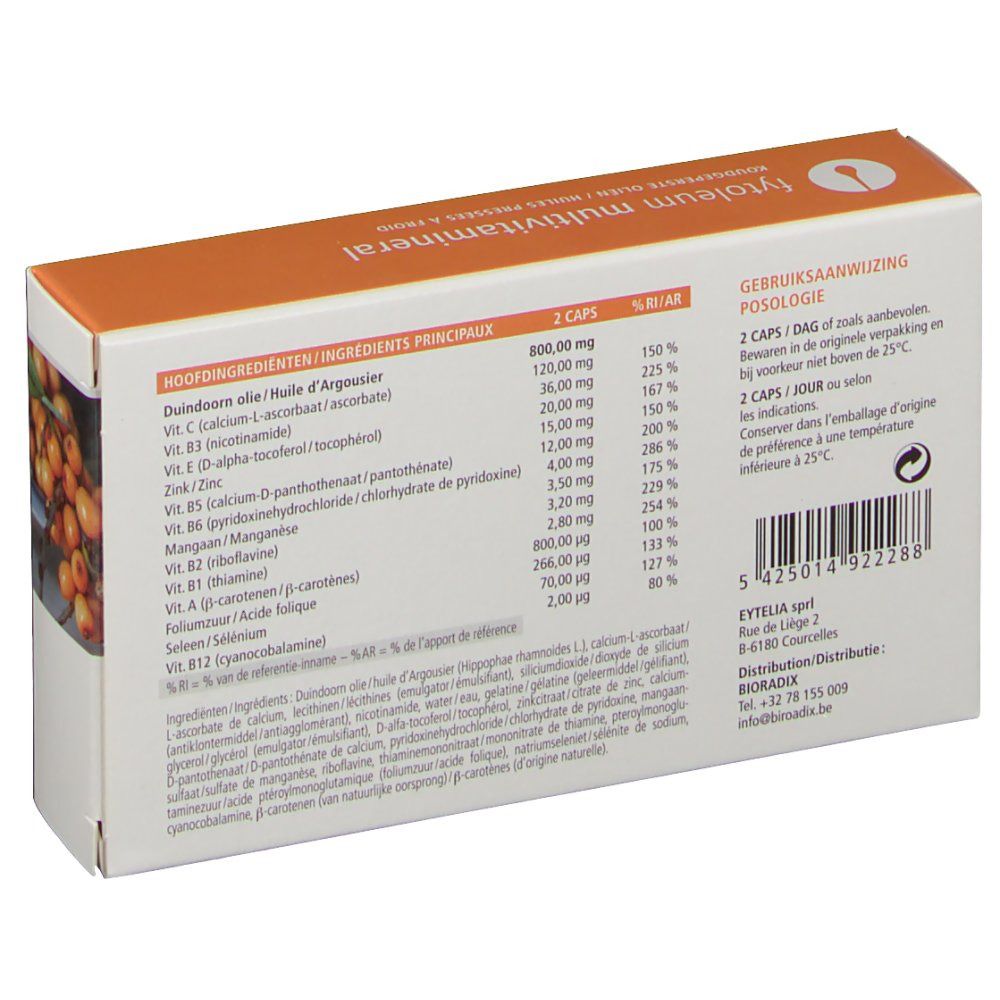 Dos de la boîte en carton avec ingrédients et instructions de dosage. Texte en allemand, français et néerlandais.