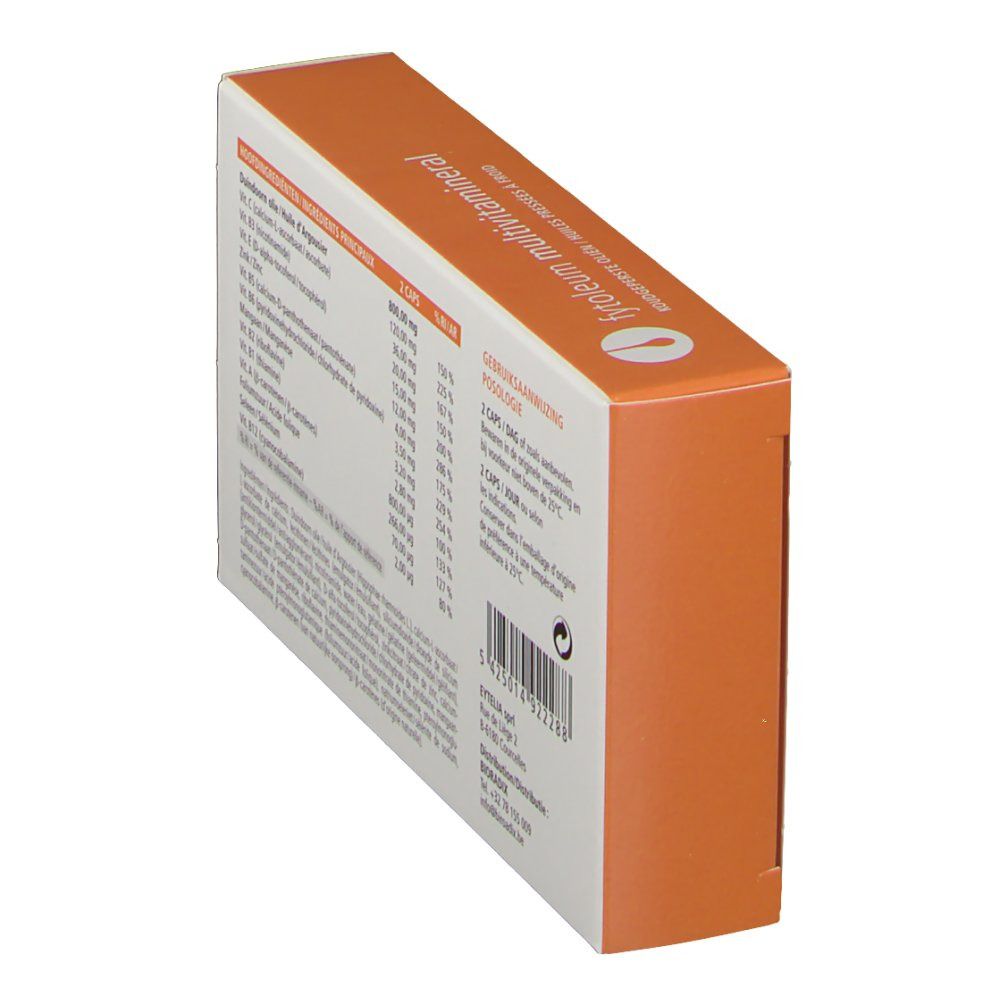 Boîte en carton en biais avec ingrédients et instructions de dosage. Texte en allemand, français et néerlandais.