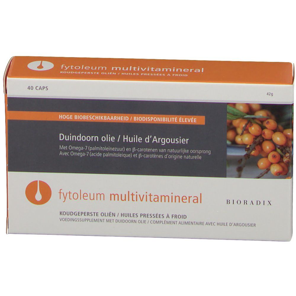 Boîte en carton avec nom du produit et image. Texte en allemand, français et néerlandais. Contient 40 capsules.