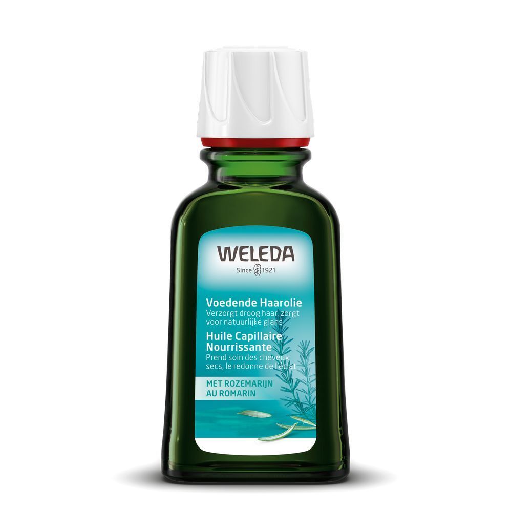 Flacon en verre vert avec bouchon blanc. Étiquette avec nom du produit et texte en néerlandais et français. Logo "WELEDA".