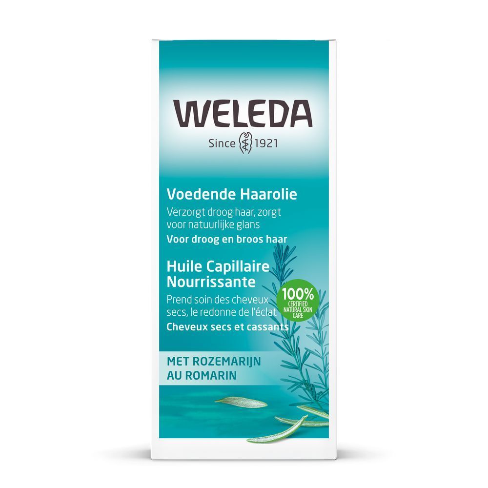 Emballage du produit. Boîte rectangulaire avec nom du produit et texte en néerlandais et français. Logo "WELEDA". Label cosmétique naturel.
