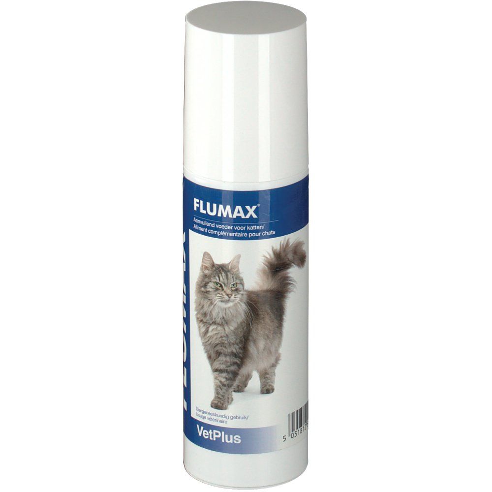 Flacon blanc et bleu avec image de chat. Inscription: FLUMAX, VetPlus.