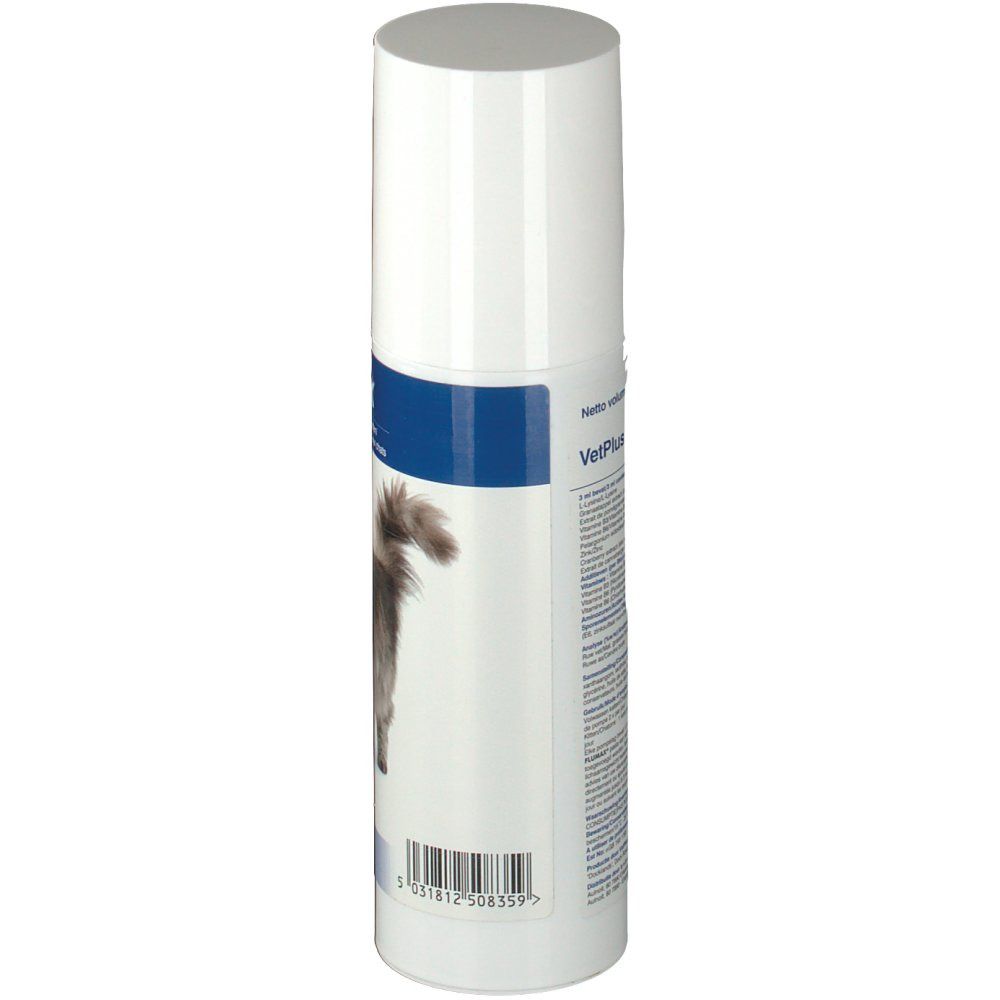 Flacon blanc avec bande bleue. Code-barres et texte. VetPlus.