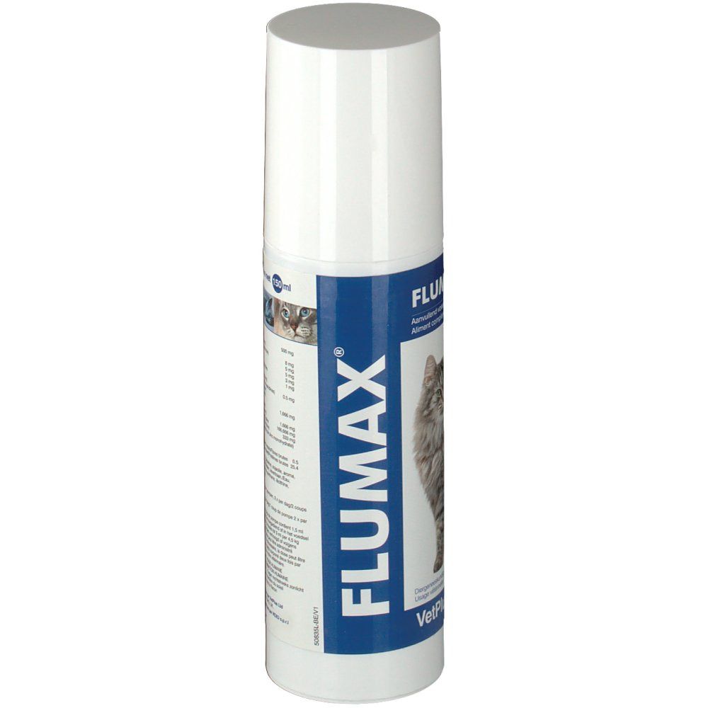 Flacon blanc avec bande bleue. Inscription: FLUMAX, VetPlus. Image d'un chat.