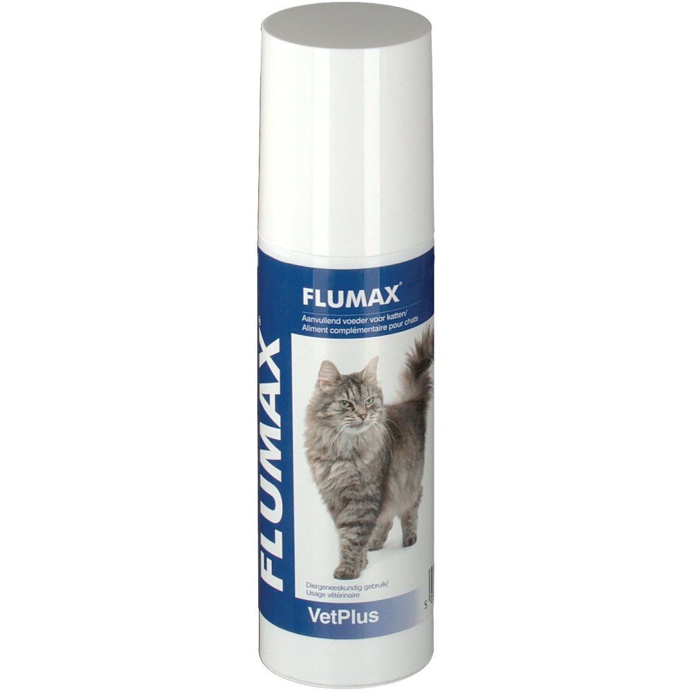 Flacon blanc avec bande bleue. Inscription: FLUMAX, VetPlus. Image d'un chat.