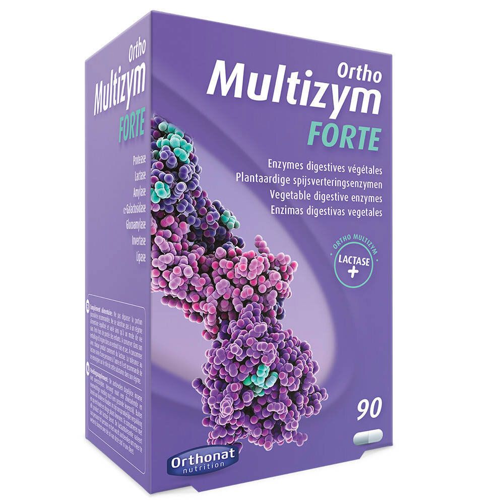 Boîte 'Ortho Multizym Forte'. Contient 90 gélules. Emballage violet avec image du produit et texte.