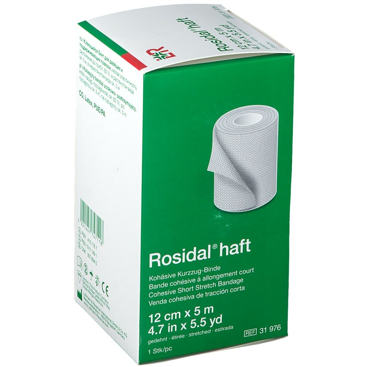 Boîte de Rosidal haft, 12 cm x 5 m. Bande cohésive à allongement court. Un rouleau de bandage est visible.