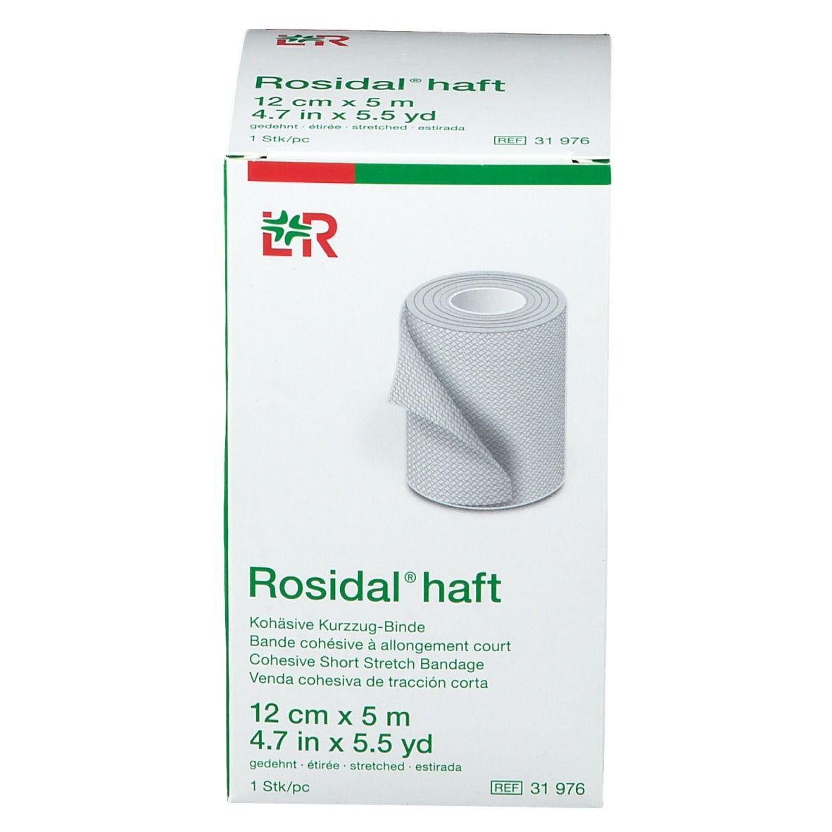 Boîte de Rosidal haft, 12 cm x 5 m. Bande cohésive à allongement court. Un rouleau de bandage est visible.