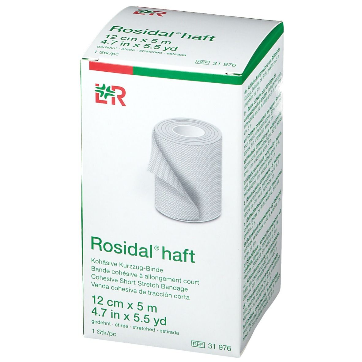 Boîte de Rosidal haft, 12 cm x 5 m. Bande cohésive à allongement court. Un rouleau de bandage est visible.