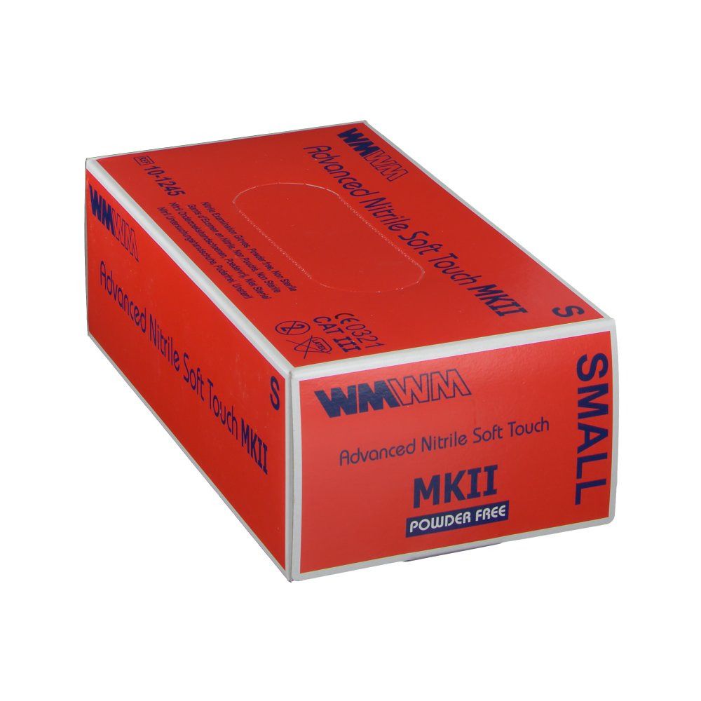 Boîte rouge "WMWM Advanced Nitrile Soft Touch MKII". Taille S. "SMALL" sur le côté.