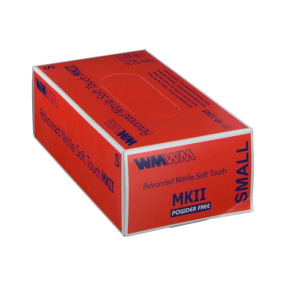 Boîte rouge "WMWM Advanced Nitrile Soft Touch MKII". Taille S. "SMALL" sur le côté.