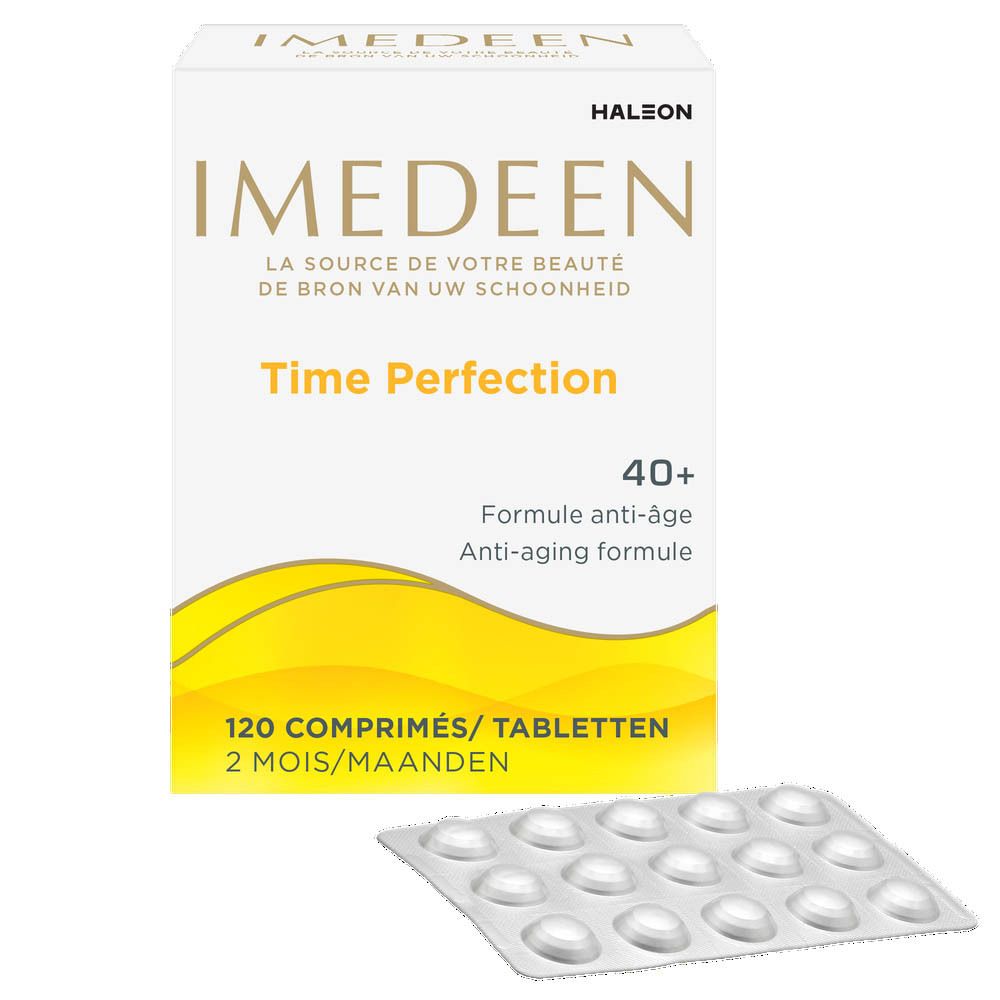 Doos IMEDEEN Time Perfection, 120 tabletten, en een blisterverpakking. Opschrift: 40+ Anti-aging formule. Witte achtergrond.