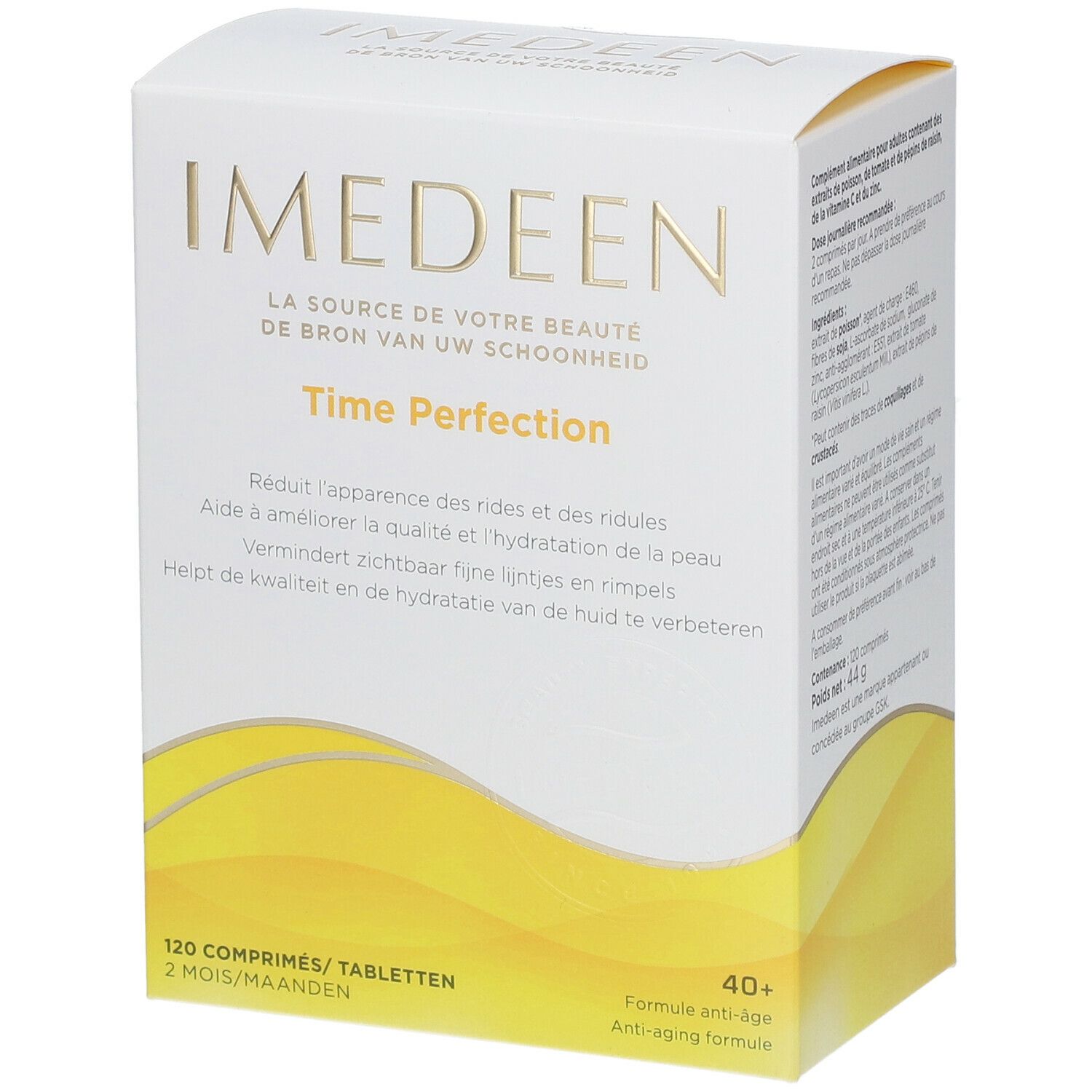 Schachtel IMEDEEN Time Perfection. Enthält 120 Tabletten. Aufschrift: 40+ Anti-Aging-Formel. Gelber und weißer Hintergrund.
