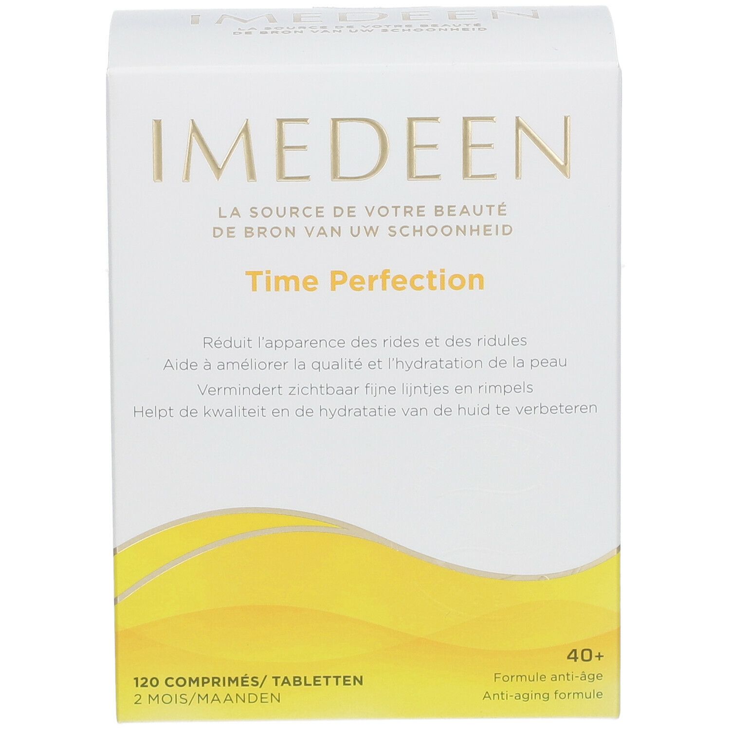 Vorderseite der Schachtel IMEDEEN Time Perfection. Enthält 120 Tabletten. Aufschrift: 40+ Anti-Aging-Formel. Gelber und weißer Hintergrund.