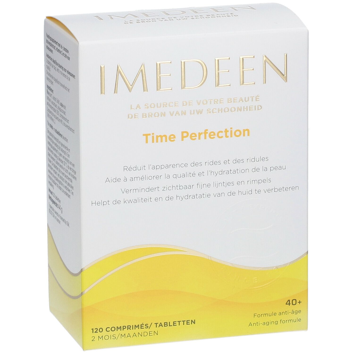 Vorderseite der Schachtel IMEDEEN Time Perfection. Enthält 120 Tabletten. Aufschrift: 40+ Anti-Aging-Formel. Gelber und weißer Hintergrund.