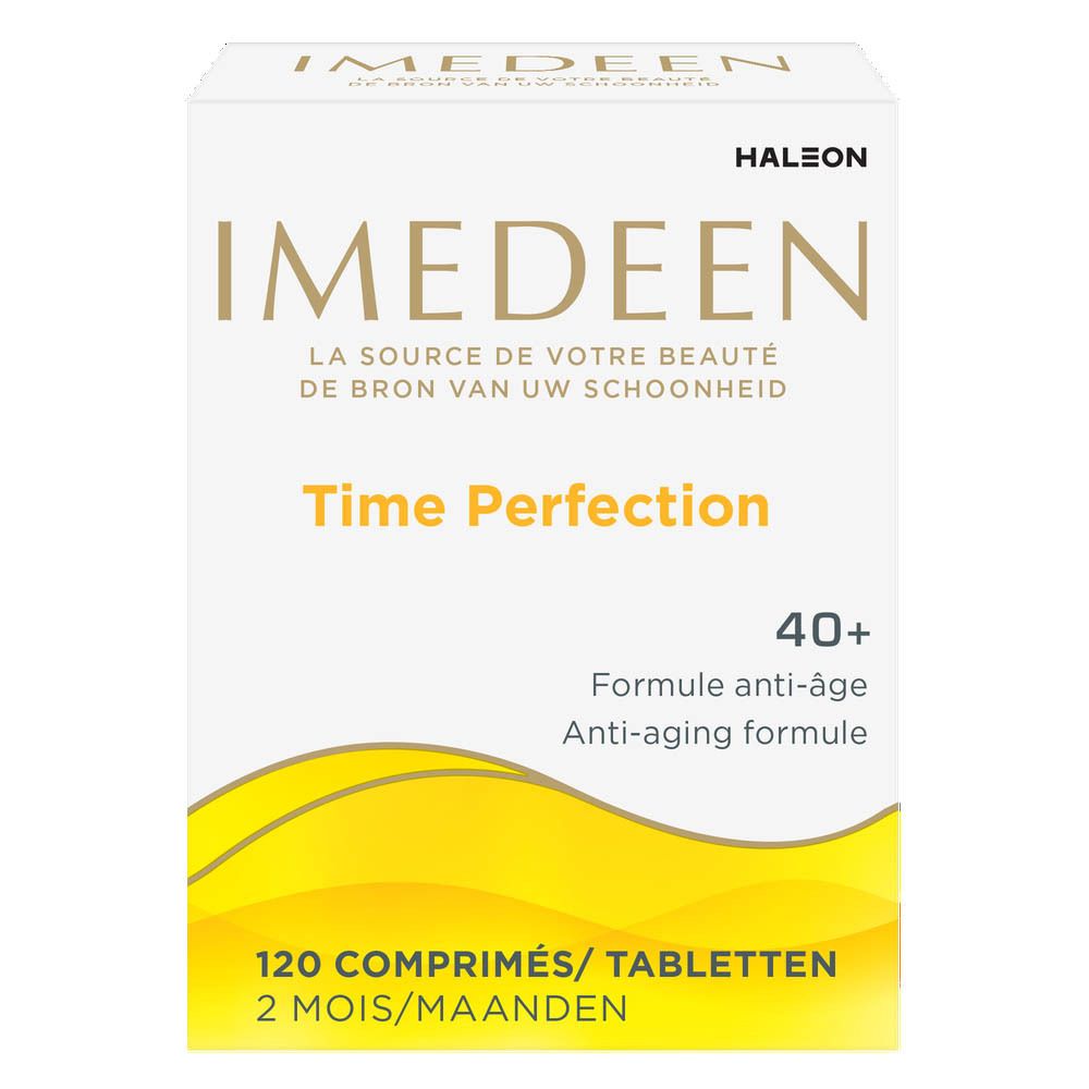 Doos IMEDEEN Time Perfection. Opschrift: 40+ Anti-aging formule. Gele en witte achtergrond. Merk: HALEON.