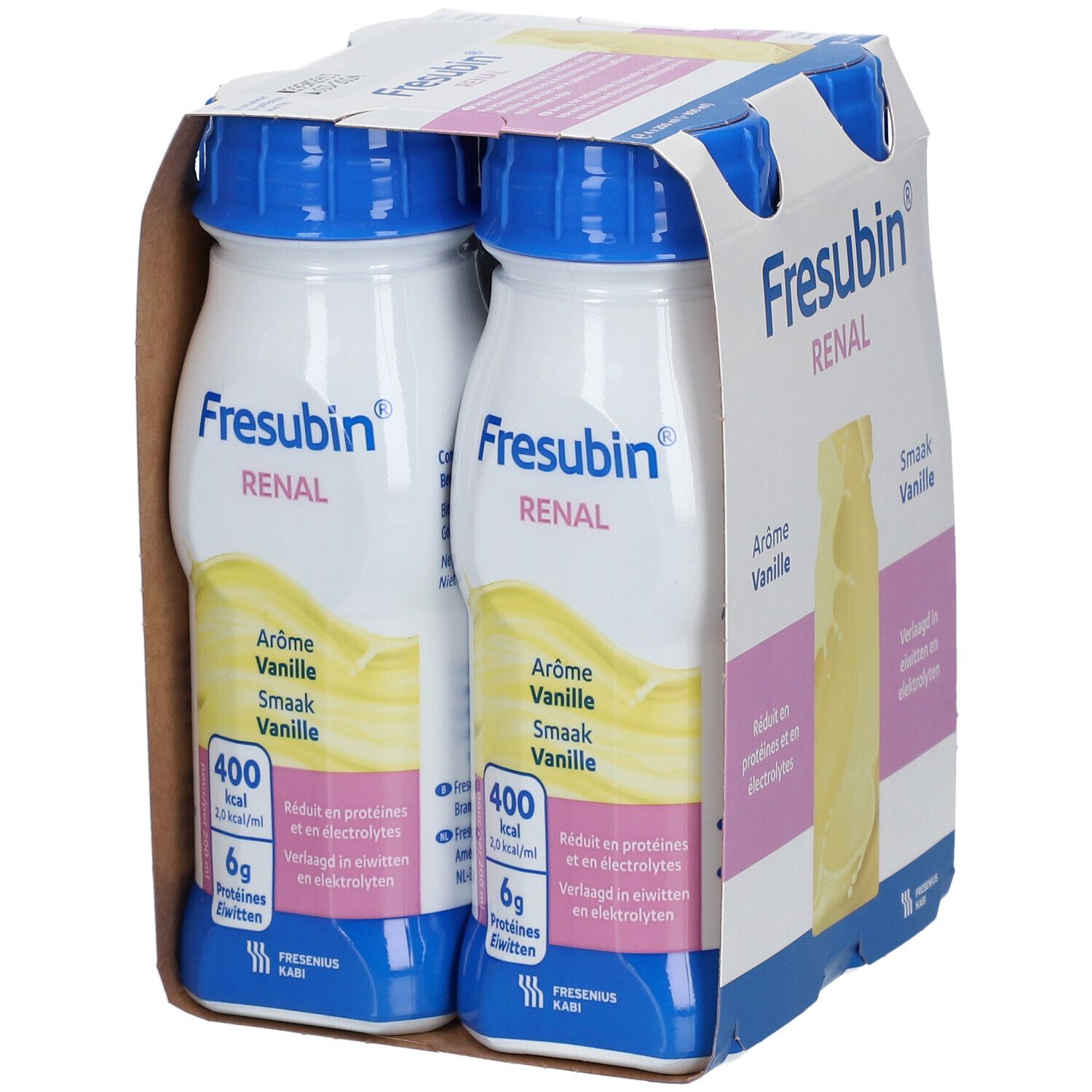 Verpakking van 2 flessen Fresubin Renal Drink, vanillesmaak. Blauwe doppen, witte flessen, kartonnen verpakking.