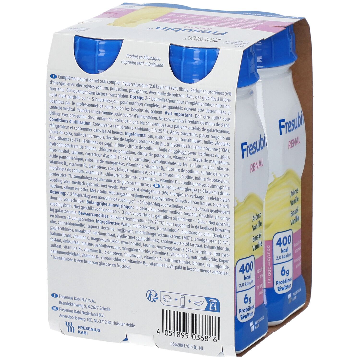 Achterkant van de verpakking van 2 flessen Fresubin Renal Drink. Tekst in meerdere talen, voedingswaarde, ingrediënten.