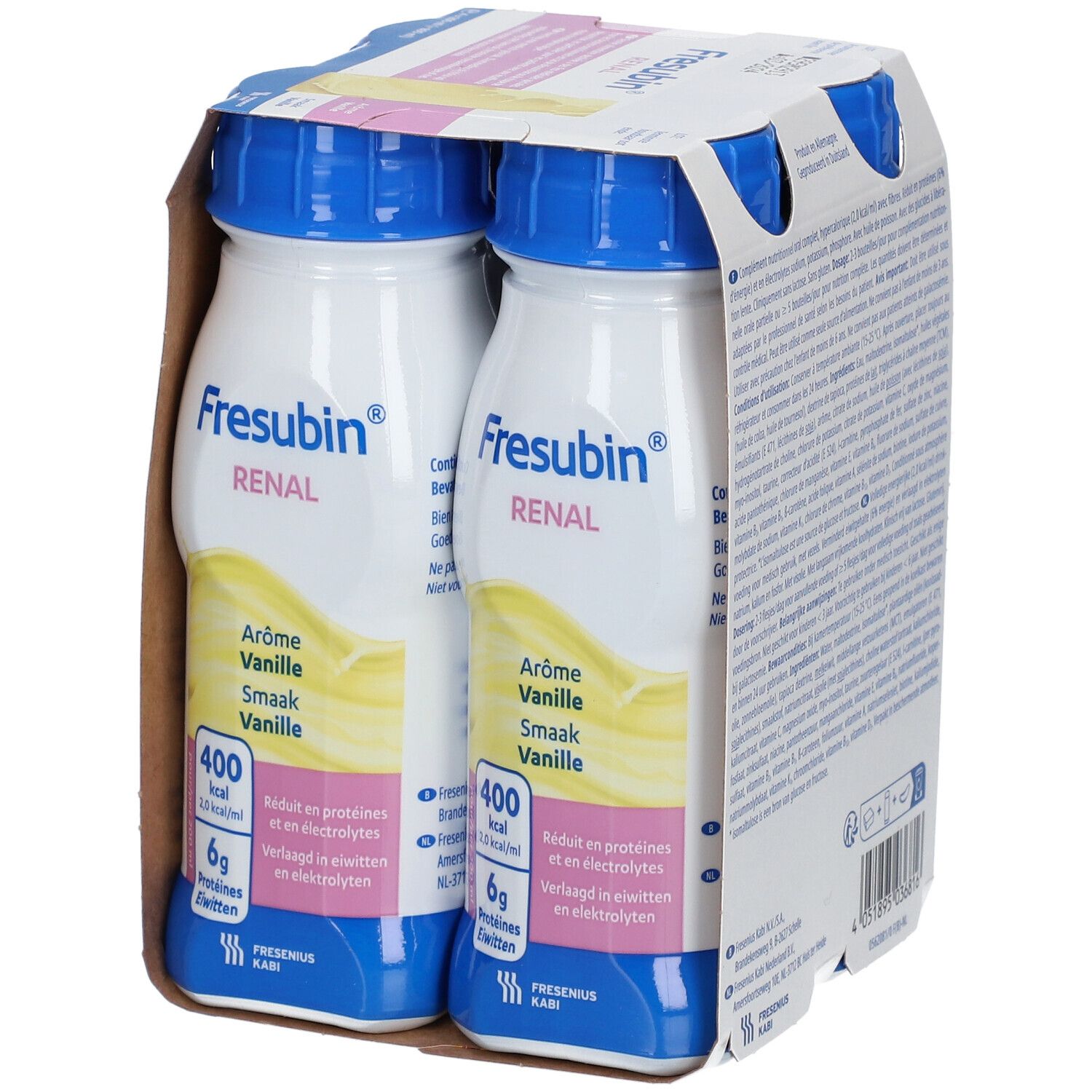 Verpakking van 2 flessen Fresubin Renal Drink, vanillesmaak. Blauwe doppen, witte flessen, kartonnen verpakking.