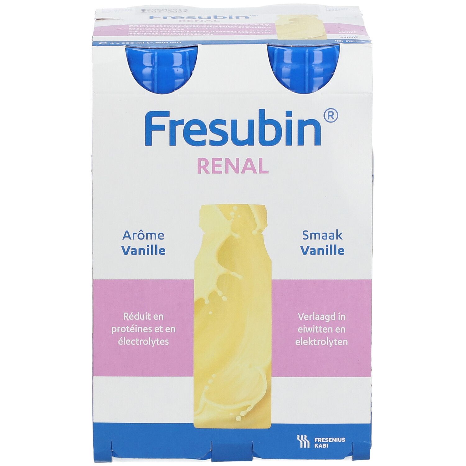 Verpakking van 2 flessen Fresubin Renal Drink, vanillesmaak. Blauwe doppen, witte flessen, kartonnen verpakking.