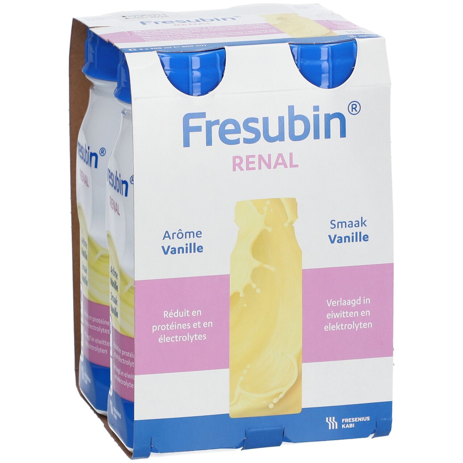 Verpakking van 2 flessen Fresubin Renal Drink, vanillesmaak. Blauwe doppen, witte flessen, kartonnen verpakking.