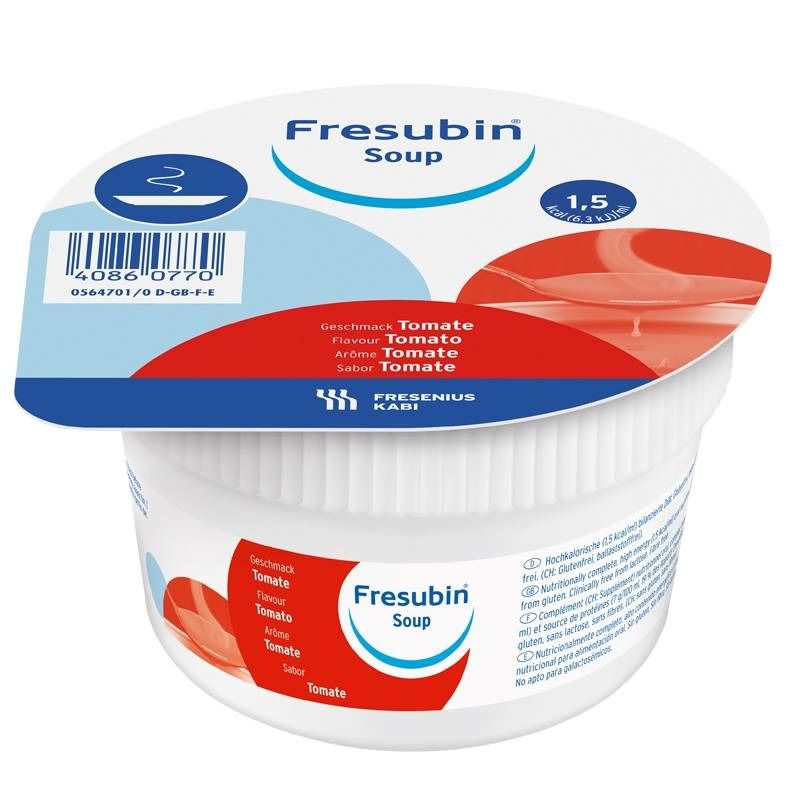 Pot de soupe Fresubin Tomate. Couvercle avec informations produit et code-barres. Fond rouge et blanc.