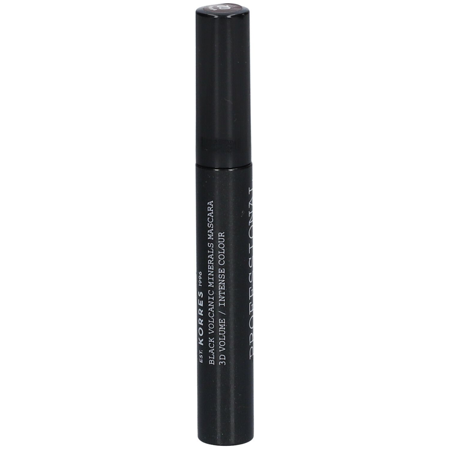 Brosse de mascara noire avec texte: KORRES, Black Volcanic Minerals Mascara, 3D Volume, Intense Colour.