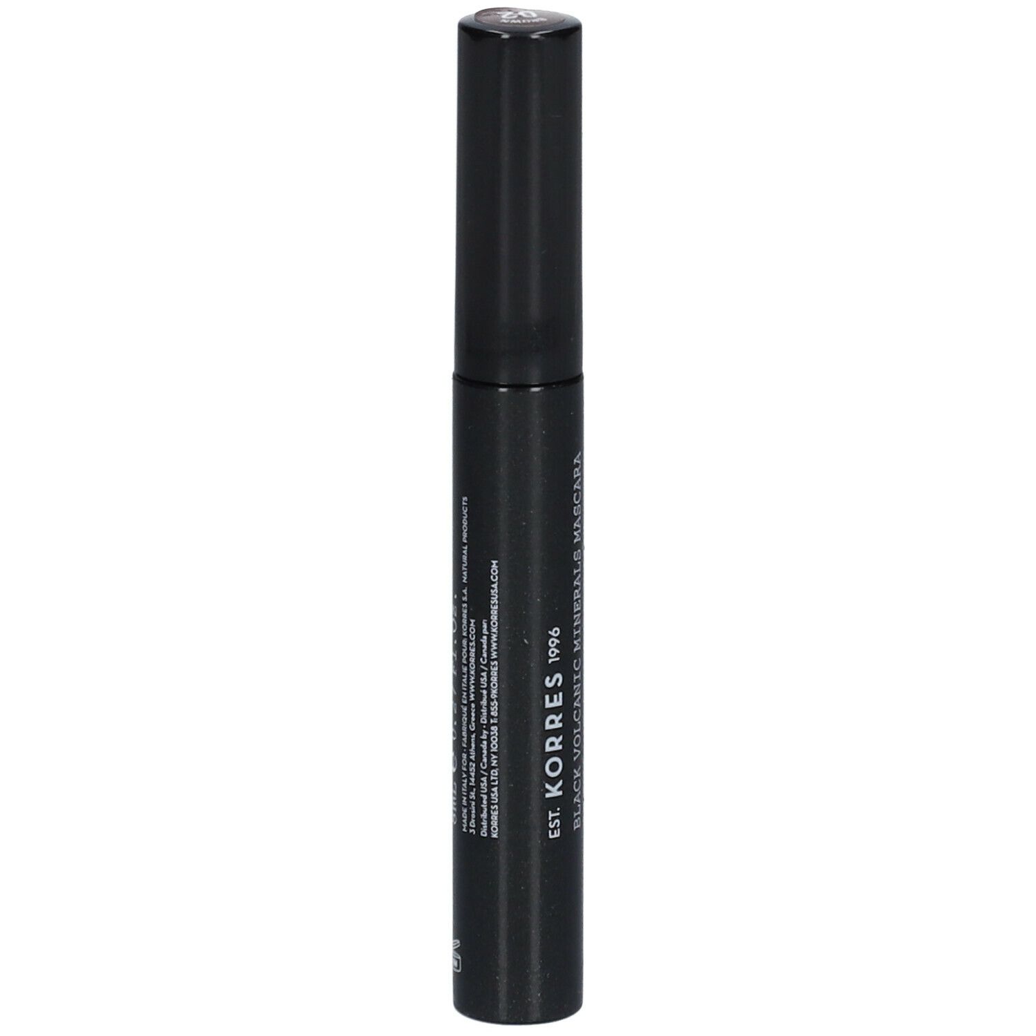 Brosse de mascara noire avec texte: KORRES, Black Volcanic Minerals Mascara. Inscriptions et informations.