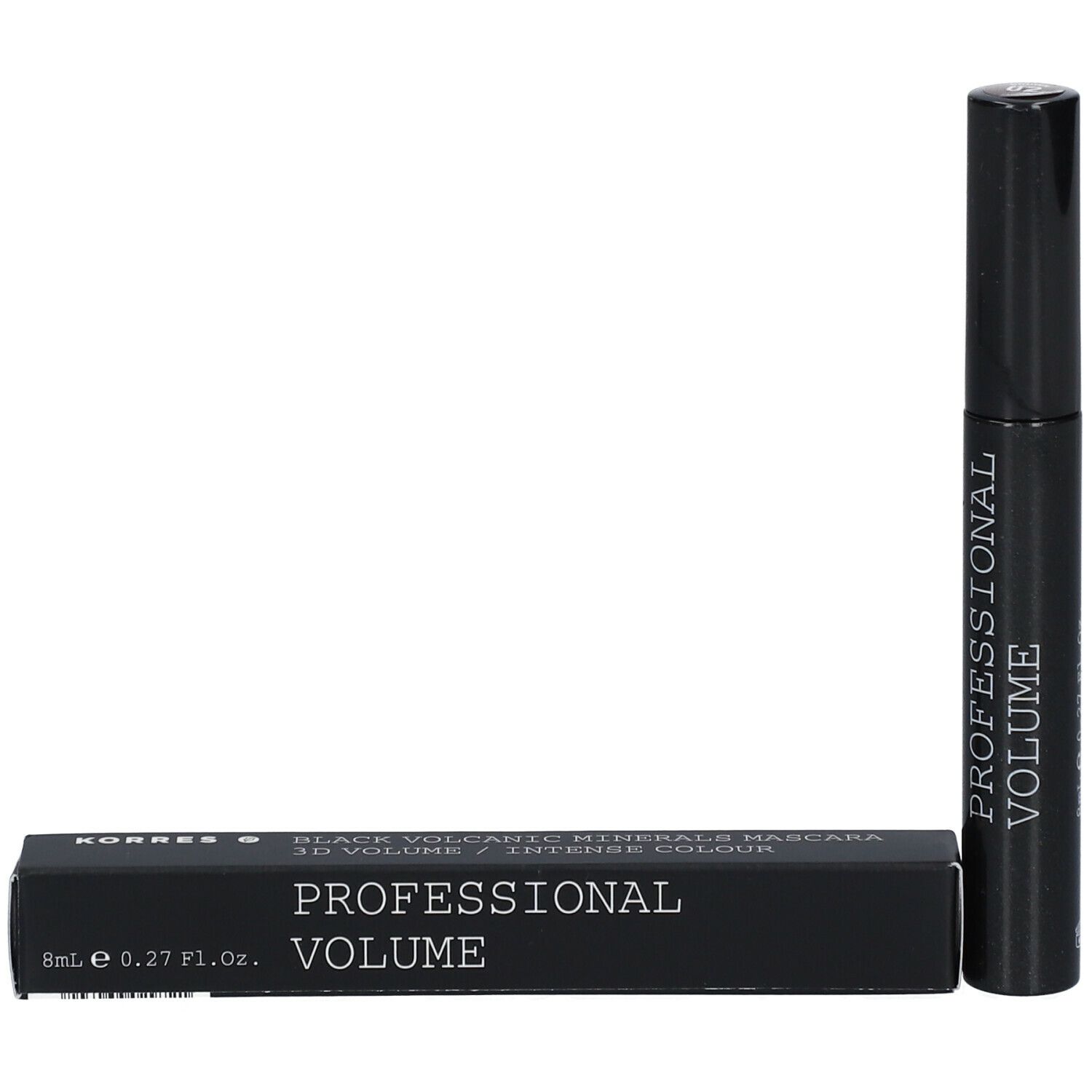 Brosse et boîte de mascara noires. Inscription: KORRES, Black Volcanic Minerals Mascara, PROFESSIONAL VOLUME.