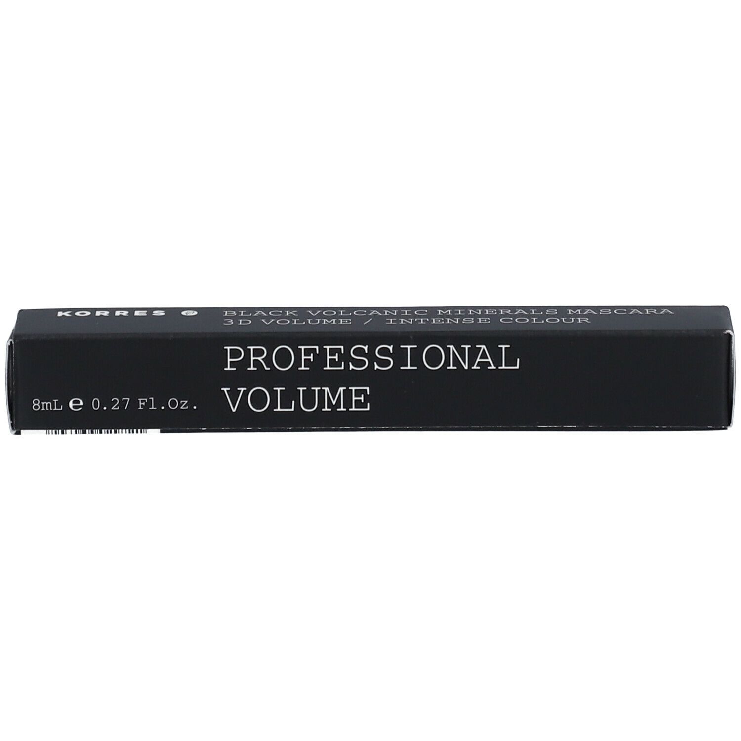 Boîte de mascara noire avec texte: KORRES, Black Volcanic Minerals Mascara, PROFESSIONAL VOLUME, 8ml 0.27 fl.oz.