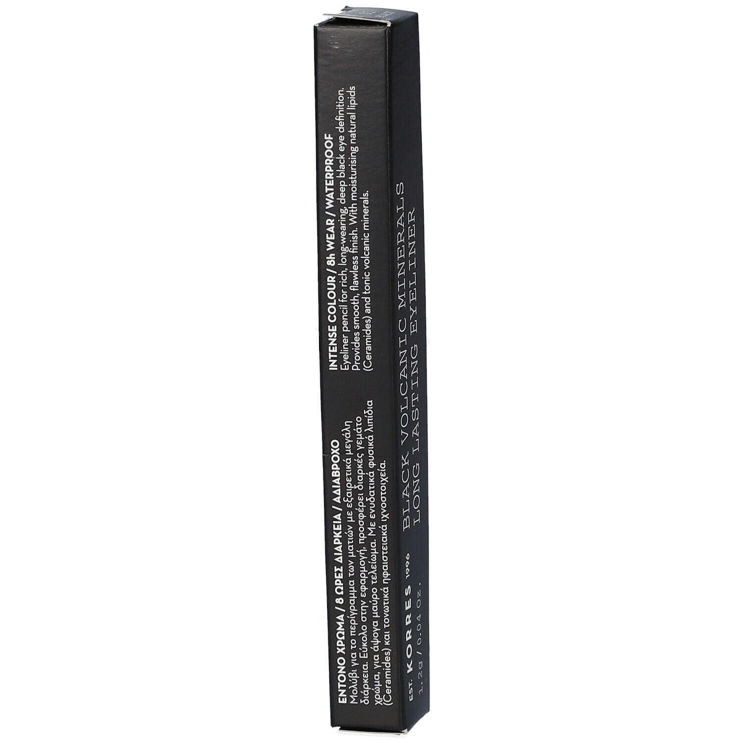 Boîte d'eyeliner noir. Texte: Intense Colour/Wear/Waterproof. Black Volcanic Minerals, Long Lasting Eyeliner.