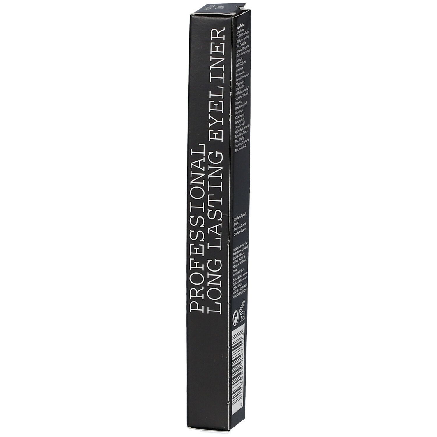 Boîte d'eyeliner noir. Texte: Professional Long Lasting Eyeliner. Code-barres et logos.