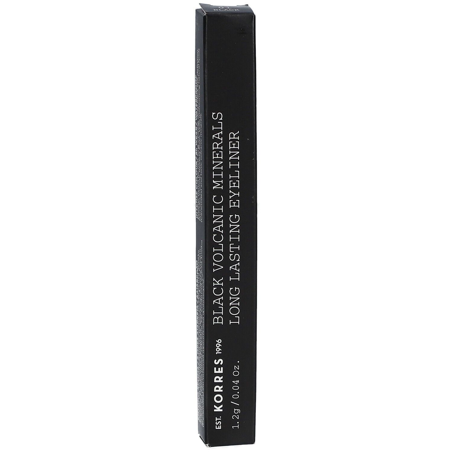 Boîte d'eyeliner noir. Texte: Black Volcanic Minerals, Long Lasting Eyeliner. Marque: KORRES 1996.