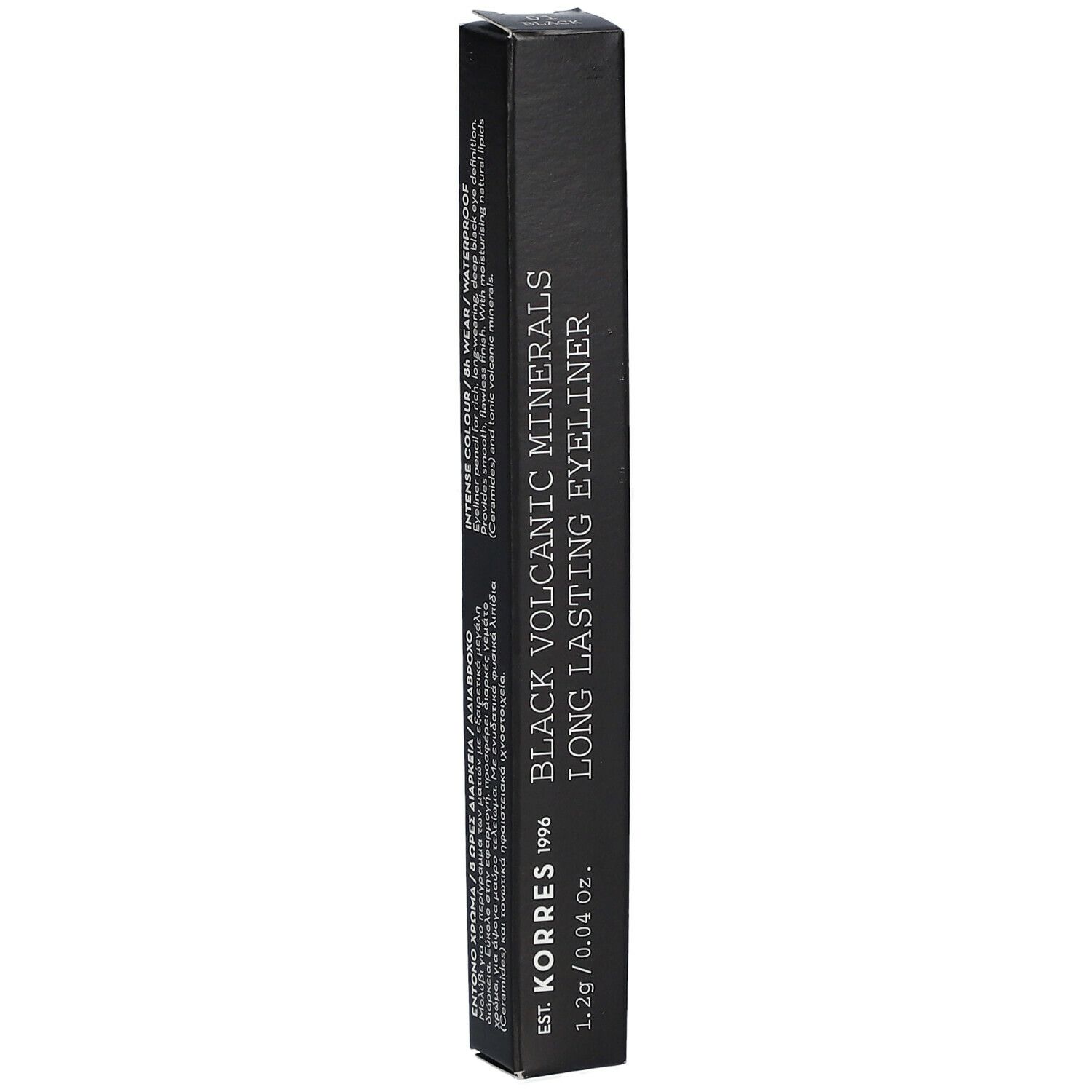 Boîte d'eyeliner noir. Texte: Black Volcanic Minerals, Long Lasting Eyeliner. Intense Colour/Wear/Waterproof.