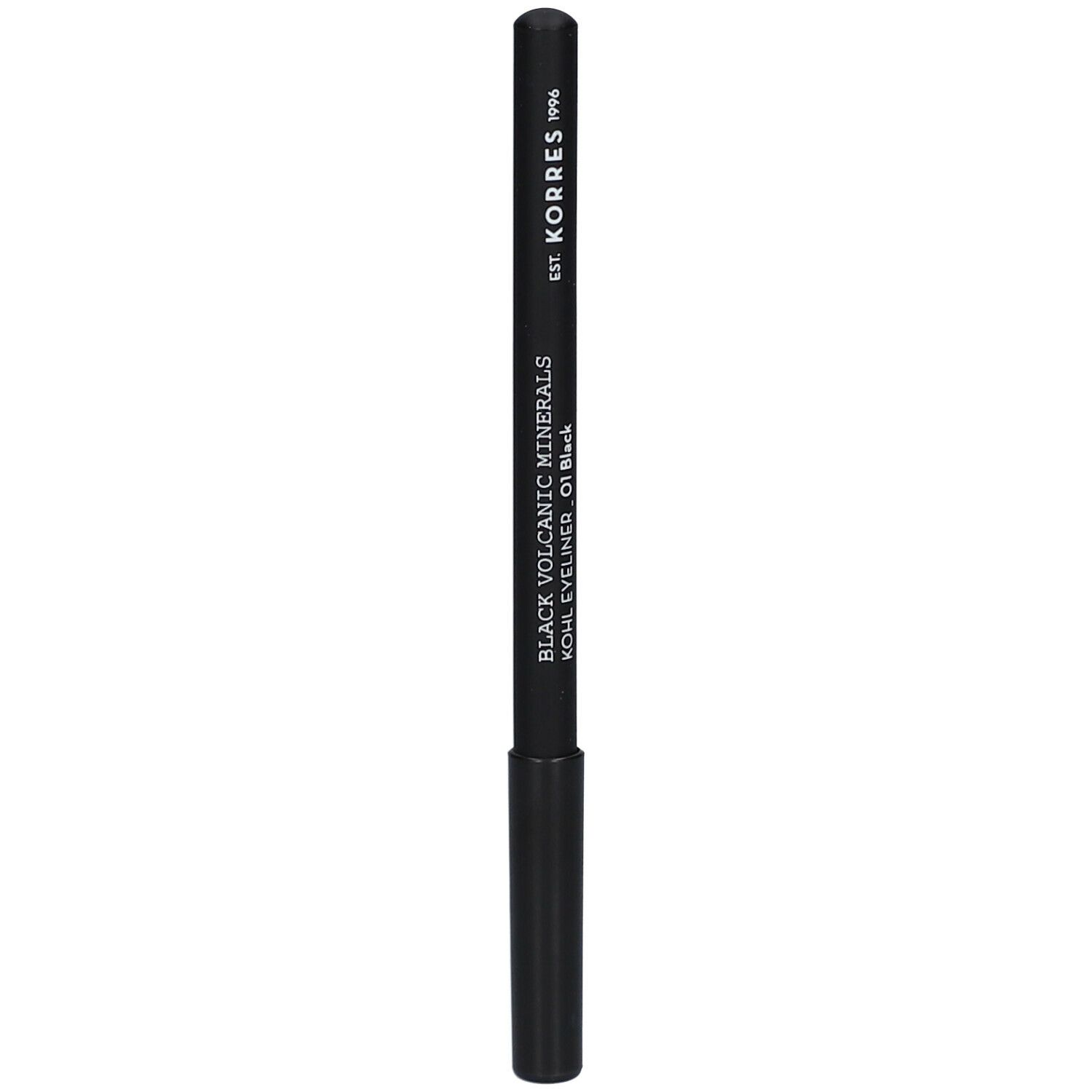 Crayon khôl noir. Inscription: BLACK VOLCANIC MINERALS KOHL EYELINER 01 Black. Forme cylindrique.