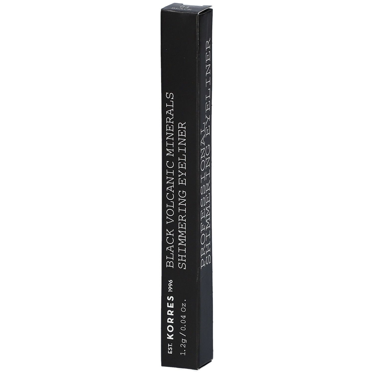 Boîte d'eyeliner noir. Texte: Black Volcanic Minerals Shimmering Eyeliner. Marque: KORRES. Poids: 1,2g / 0,04 Oz.