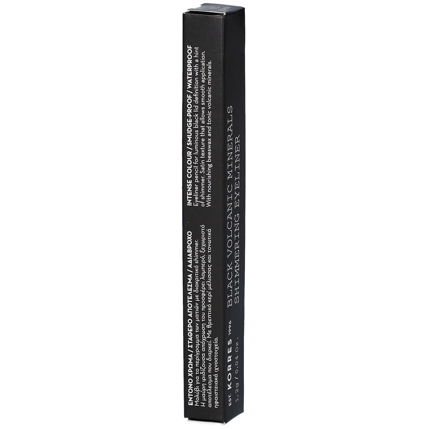 Boîte d'eyeliner noir. Texte: Black Volcanic Minerals Shimmering Eyeliner. Texte supplémentaire en grec et en anglais.