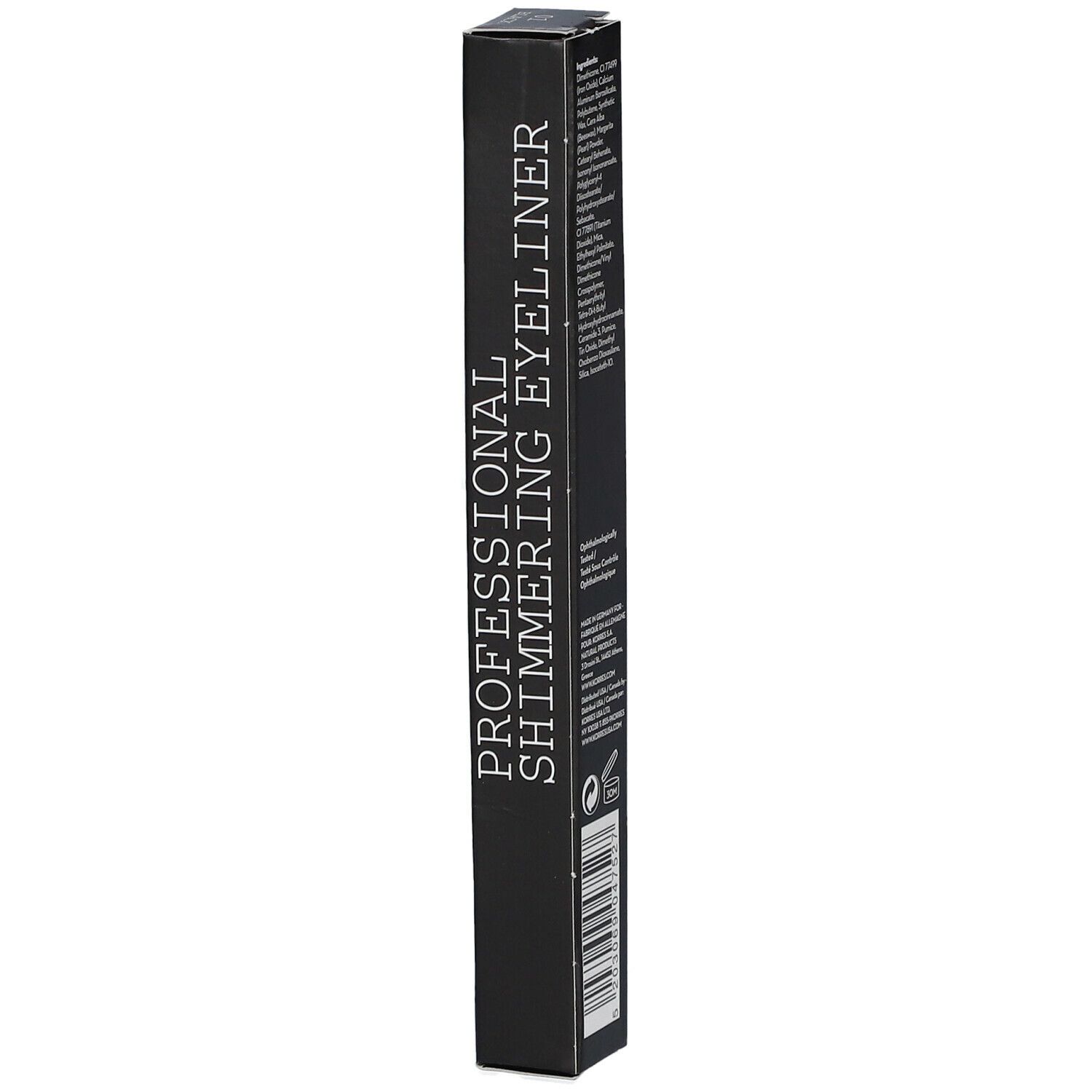 Boîte d'eyeliner noir. Texte: Professional Shimmering Eyeliner. Code-barres et informations.